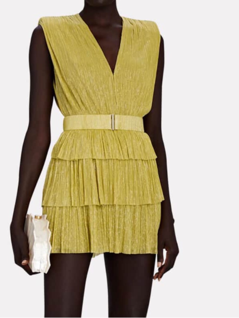 Sabina Musayev Chartreuse Tiered Pleated V-Neck Mini Dress
